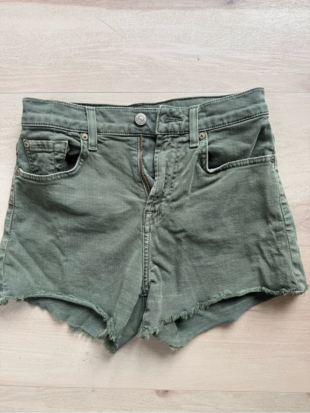 7 For All Mankind Olive Green Frayed Hem Denim Shorts